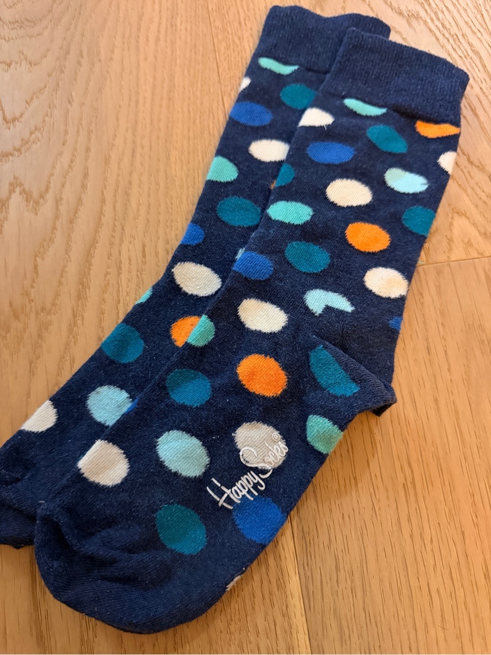 Happy Socks Men’s Navy Polka Dot Crew Socks - Blue/Teal/Orange/White